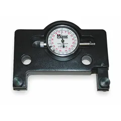 Handheld gauge for measuring blade tension on band saws. Dimensions: 4-5/8 in x 3-1/2 in. Used during setup and maintenance to verify proper tension for cutting performance and blade life in metalworking and woodworking applications.