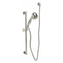 Chrome-finished plastic handheld showerhead from the Temp Gard series. Includes hose, mounting bracket, and slide bar for flexible positioning. Flow rate 2 gpm; showerhead width 3-1/8 in. Suitable for residential or commercial shower applications requiring targeted rinsing.