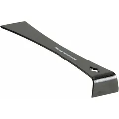 This 10-inch flat bar features a curved tip, gooseneck/offset end angle, and one nail slot. Designed for prying, nail pulling, and light demolition tasks. Suitable for construction and maintenance applications where leverage and access in tight spaces are required.