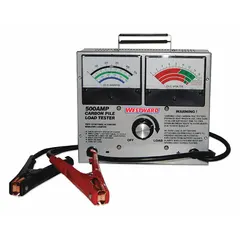 Analog display battery tester for 12V batteries. Provides a visual gauge reading of battery condition. Suitable for use in automotive, marine, and industrial settings where a simple analog indication is preferred.