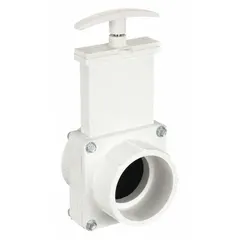 PVC-bodied rising stem gate valve with solid wedge and lever operator, rated for 45 psi CWP. Features TPE seals and polypropylene handle. Suitable for general-purpose flow control in non-corrosive fluid handling systems.