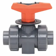 This PVC V-port ball valve features a true union design with socket and FNPT female ends. The V-port configuration enables precise flow regulation and throttling in piping systems. Suitable for applications requiring corrosion-resistant fluid handling.