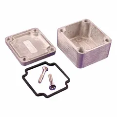 This HAMMOND enclosure is made of die-cast aluminum with a solid cover secured by screws. It measures 1 in x 1 in x 1 in and carries NEMA ratings 1, 12, 13, 4, and 4X. No knockouts are provided. Suitable for protecting small electronic components or terminals in indoor or outdoor environments requiring dust, water, and corrosion resistance.