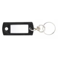 Pack of 50 black plastic rectangular key tags with blank inserts for custom labeling. Each tag measures 2 inches in overall height. Suitable for organizing and identifying keys in facility or equipment key management applications.
