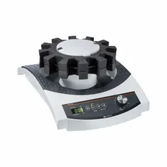 HEIDOLPH vortex mixer with digital control for precise speed adjustment from 150 to 2,500 RPM. Features overheating protection with self-resetting for safe continuous operation. Includes two carousel attachments for test tubes or vials. Suitable for general laboratory mixing applications.
