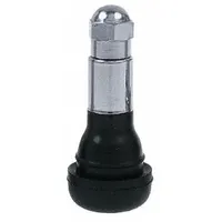 Snap-in tire valve stem with L-shape and 180° valve stem angle for automobiles. Features a standard bore valve size, 0.305-32 thread, and rubber construction with silver finish. Used for tire inflation and pressure monitoring