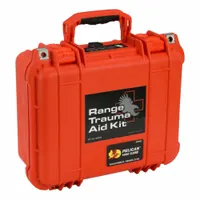 Hard-shell plastic trauma kit in orange case containing 83 components. Includes trauma shears, burn dressing, vent chest seal twin pack, and four pairs of large Sand Bear Claw nitrile gloves. No medication included. Suitable for emergency medical response in industrial environments