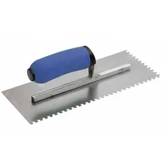 This notched trowel features a square carbon steel blade for applying and spreading tile adhesive or mortar in a uniform pattern. The ErgoSoft handle provides comfort during use. Suitable for floor and wall tile installation.