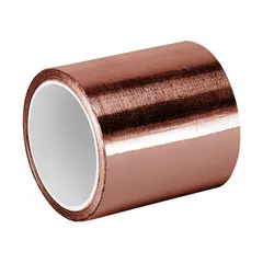 Copper foil tape for general-purpose electrical applications. Provides conductive path for EMI/RFI shielding, grounding, and splicing. Suitable for cable shielding, transformer repair, and static discharge protection. Rated 600 V.