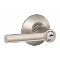 SCHLAGE office lever lockset in Broadway design with satin nickel finish and clear coating. F81 function allows key locking from outside and free egress inside. Suitable for interior commercial or institutional doors where privacy locking is not required