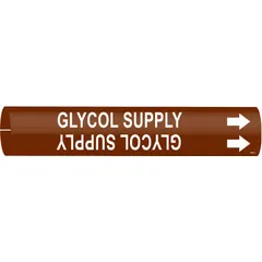 This snap-on pipe marker identifies glycol supply lines in industrial piping systems. It features a brown background with white legend text and includes directional arrows. Designed for pipe outer diameters from 3/4 to 1-3/8 inches, it is supplied as a single marker.
