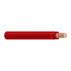 This 4 AWG stranded copper building wire is rated for 600 V and suitable for dry and wet locations. It is used for general-purpose power distribution, lighting, and control circuits in conduit, raceways, or cable trays. The red insulation aids in phase identification.