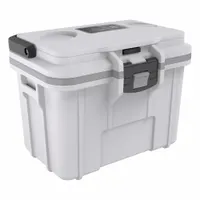 Standard chest cooler with 8 qt capacity, holds up to 8 cans. Provides 1 day ice retention. White exterior. No drain plug or wheels included. Suitable for portable cooling in work areas or outdoor settings