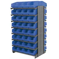This metal stationary pick rack features a gray steel frame and 64 blue open-front shelf bins, each 6 in x 8-3/8 in x 11-5/8 in. The bins are arranged on 16 shelves across 2 usable sides, providing organized storage for small parts in industrial settings such as warehouses, assembly lines, and maintenance shops