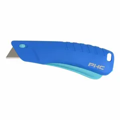 This automatic retracting utility knife features a textured plastic handle for secure grip and a tool-free blade change mechanism. The carbon steel rounded tip blade retracts automatically to reduce accidental cuts. Suitable for cutting cardboard, plastic strapping, and packaging materials in warehouses, shipping departments, and construction sites.