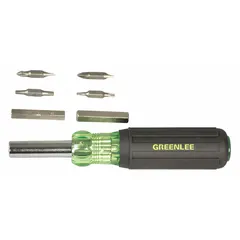 This combination multi-bit screw and nut driver includes 12 tips: Phillips #1 and #2, slotted, square, and Torx. The quick-change mechanism allows efficient tip swapping. Typical applications include driving and removing fasteners in electrical, construction, and maintenance work.