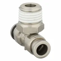 Stainless steel tube fitting with 1/4 in pipe size. Used for connecting or branching pneumatic tubing in fluid power systems. Suitable for applications requiring corrosion resistance and secure push-to-connect installation