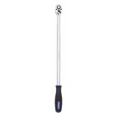 This standard-head ratchet features a reversible mechanism and a chrome finish. With an 18-inch overall length and a 10° minimum arc swing, it is suited for tightening or loosening fasteners in confined spaces where a full swing is not possible. The non-magnetic construction makes it appropriate for use in sensitive environments.