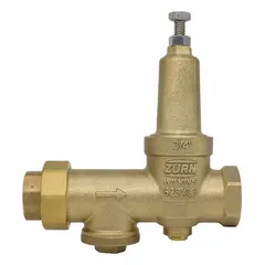 Brass water pressure regulator with 3/4 in FNPT x FNPT connections. Adjustable pressure range from 15 psi to 75 psi. Low-lead compliant for use in potable water systems. Commonly installed on main water supply lines to reduce and stabilize incoming pressure.