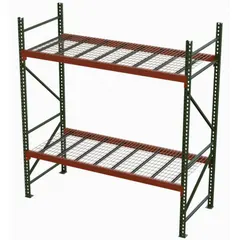 Steel teardrop pallet rack kit with wire decking. Rack has polyurethane finish in green/orange; decking is galvanized. Beams are 16 ga, uprights 14 ga. Used for organizing palletized goods in warehouses and industrial facilities.