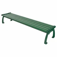This vandal-resistant resinwood bench features a green plank surface with green frame and seat. Overall length 96 in, height 17 in. Suitable for public parks, campuses, and commercial landscapes requiring durable outdoor seating.