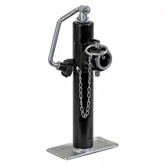 Trailer jack without wheels featuring a topwind handle and weld-on swivel bracket mounting. Includes a footplate base for ground contact. Used for raising and supporting trailers during loading, parking, or storage, allowing pivoting alignment via the swivel bracket.