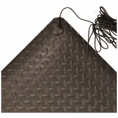 This conductive mat provides surface-to-ground and surface-to-surface resistance of 10^6 - 10^9 ohm, suitable for dissipating static charges in environments where electrostatic discharge control is required. Constructed from vinyl and rubber foam with a diamond plate pattern in black, it measures 3 ft by 12 ft.
