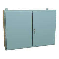 This steel enclosure is rated NEMA 12 for protection against dust, dirt, and non-corrosive liquids. It measures 30 x 42 x 10 inches and includes a solid hinged cover with a handle closure and a mounting panel. Knockouts are not provided. Typical applications include housing electrical controls and instruments in industrial environments.