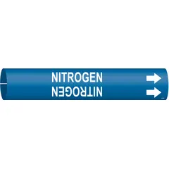 Blue snap-on pipe marker with white legend reading 'Nitrogen' and directional arrows. Fits pipe outer diameters from 1-1/2 to 2-3/8 inches. Used to identify nitrogen lines in industrial piping systems for safety and compliance.