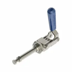 Standard straight-line toggle clamp with through-hole base mounting and a standard vertical handle. Features a 1"-14 clamping specification. Used for quick, secure workpiece holding in machining, welding, and assembly fixtures.