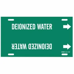 Green strap-on pipe marker with white legend reading 'Deionized Water' and directional arrows. Fits pipe outer diameters of 6 to 7-7/8 inches. Used to identify deionized water lines in industrial piping systems.