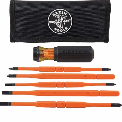 KLEIN TOOLS Multi-Bit Screwdriver: Phillips/Slotted/Square Tip, #1/1/4 in/#2/3/16 in Tip Size - Insulated Multi-Bit Screwdrivers