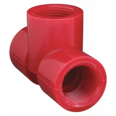 This Schedule 80 tee fitting is made from red polyvinylidene, offering UV resistance and corrosion resistance for demanding environments. It creates a three-way branch in piping systems, joining pipes at a 90-degree angle. Complies with ASTM D3222. Fitting pipe size is 1/2 in x 1/2 in x 1/2 in. Shield collar not included.