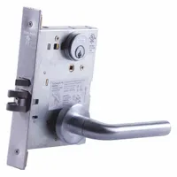 This office lever lockset features a satin chromium-plated forged brass construction with a chrome finish. It provides a locked/unlocked function (F04 function code) for interior doors in commercial or institutional settings. Not ligature-resistant
