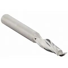 Solid carbide spiral O-flute upcut router bit with 2 flutes, 12 mm cutter diameter, and 45 mm length of cut. Designed for routing plastics and wood, providing efficient chip evacuation and smooth finishes in CNC and handheld routing applications.