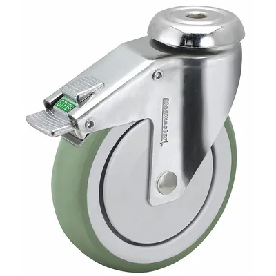MEDCASTER Bolt-Hole Caster: Swivel, Side Brake, Rubber, 4 in Wheel Dia., 1 1/4 in Wheel Wd - Antimicrobial Debris-Resistant Bolt-Hole Casters