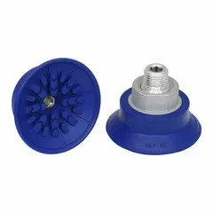 Flat vacuum pad assembly for automated handling in automotive manufacturing. Features G3/8 in connection, 56 mm pad diameter, 28 mm pad height, NBR material in blue with 60 A durometer, SAF rating. Suitable for gripping smooth, flat workpieces such as sheet metal or glass panels.
