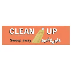 This banner is made of poly sheeting and printed on one side. It measures 28 inches by 96 inches and is suitable for indoor and outdoor use. The banner promotes workplace housekeeping and accident prevention in industrial environments such as factories, warehouses, and construction sites.