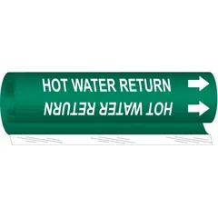 Wrap-around pipe marker with green background and white legend reading 'Hot Water Return'. Includes directional arrows. Fits pipe outer diameters from 2-1/2 to 7-7/8 inches. Used to identify hot water return lines in piping systems.