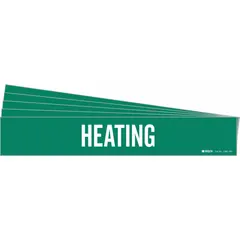 Green adhesive pipe marker with white legend text reading 'Heating'. Designed for pipe outer diameters of 8 inches and larger. Pack of 5 markers without directional arrows. Used for identifying heating system pipes in industrial facilities.