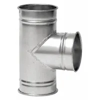 This 90° tee branch is designed for 8-inch duct diameter and has a 16-inch overall length. It is constructed from stainless steel for corrosion resistance. Used in ductwork systems to join three ducts at a 90° angle