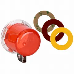 This removable-cover lockout device is used to isolate push-button-operated equipment during maintenance or repair. It fits push buttons with a maximum diameter of 1.18 inches, preventing accidental activation. The red unit measures 2.15 inches by 2.9 inches by 2.9 inches.