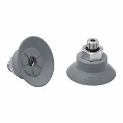 This flat-type vacuum pad assembly is intended for handling sensitive components in electronics manufacturing. It features a 33.3 mm pad diameter and 17.7 mm height, constructed from NBR material with a 55 A durometer hardness in gray. The assembly includes a G1/8 in connection for integration into vacuum systems.