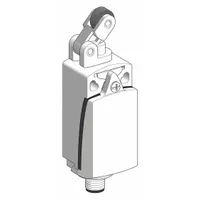 Top-mount roller-plunger limit switch with a non-metallic thermoplastic housing. Equipped with a 5-pin M12 connector for electrical interface. Used in industrial automation to detect presence, position, or end of travel of moving machinery