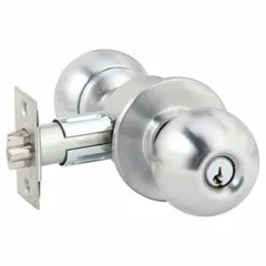 This ARROW classroom security knob lockset features a chrome finish and ball-style design. It allows interior locking without exiting the room, suitable for educational and institutional facilities where quick lockdown is required.