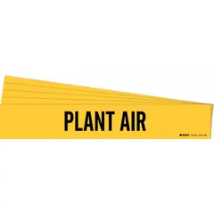 Yellow adhesive pipe marker with black 'Plant Air' legend, designed for pipes with outer diameter 8 inches and larger. Each pack contains 5 markers without directional arrows. Used to identify plant air lines in industrial piping systems.