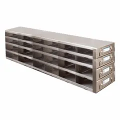 This stainless steel freezer drawer rack includes pull-out drawers for organized cold storage. With an overall width of 5 1/2 inches, it is suitable for use in laboratory freezers and other cold storage environments.