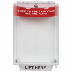 Red flush-mount wall-mount cover for fire alarm pull stations. Features the legend 'IN CASE OF FIRE - LIFT COVER ACTIVATE FIRE ALARM'. Protects pull stations from accidental activation and vandalism while allowing quick access in an emergency.