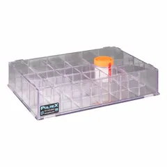 Benchtop rack made of clear PETG for organizing urine specimen cups. Holds up to 24 cups. Overall dimensions: 14 7/8 in width, 2 7/8 in height, 10 1/4 in length. Suitable for clinical and diagnostic sample handling.