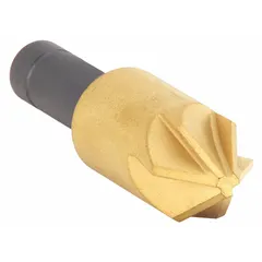 Six-flute countersink with an 82° included angle and 5/8 in body diameter. Constructed from cobalt with a titanium nitride (TiN) coating for heat resistance and extended tool life. Designed for producing smooth, chatter-free chamfers and countersinks in metal, commonly used to prepare holes for flat-head screws in machining and fabrication applications.